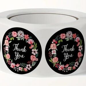 Floral Thank You Stickers With Black Background, 500 Roll